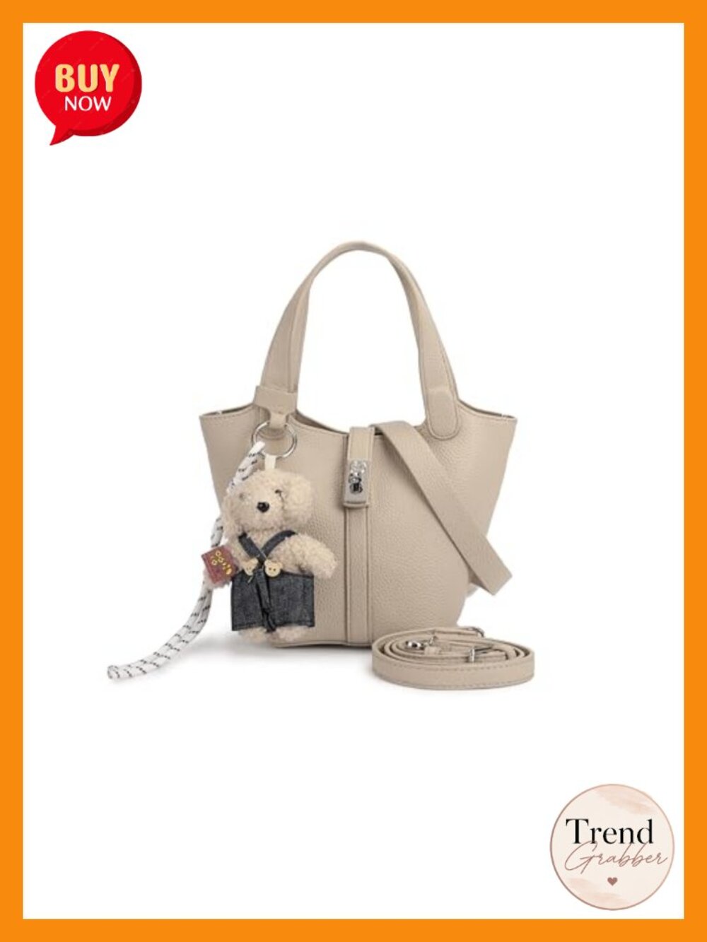 Faux Leather Bucket Handbag with Top Handle Detachable Strap Teddy Bear Charm